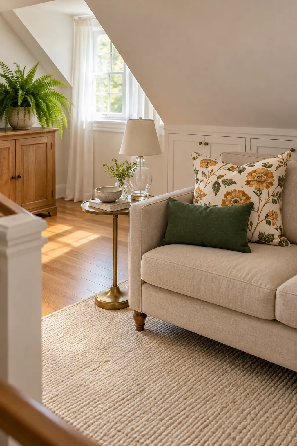 Ochre floral and deep green pillows styling a beige couch