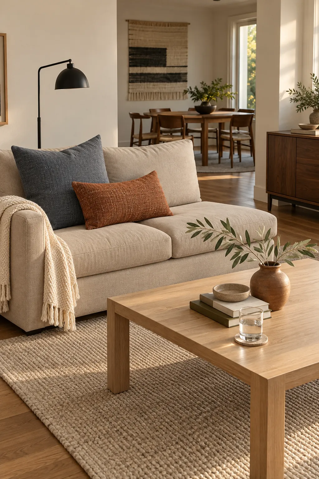 Slate blue square and rust lumbar pillows on a beige couch