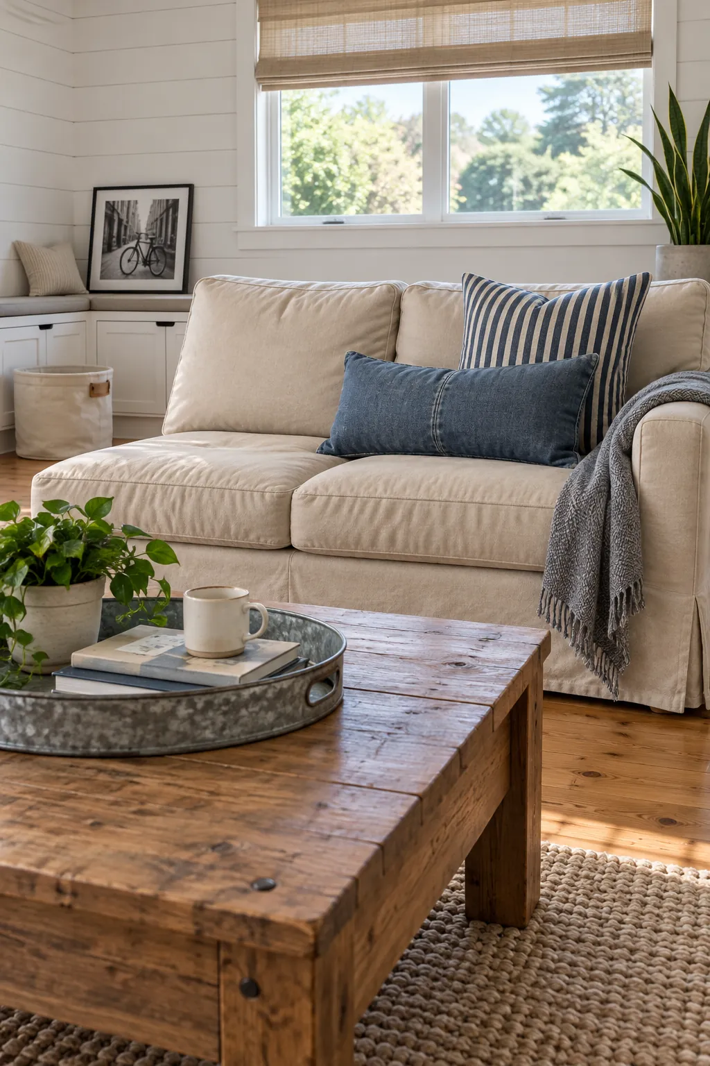 Indigo striped and faded denim pillows on a beige family sofa