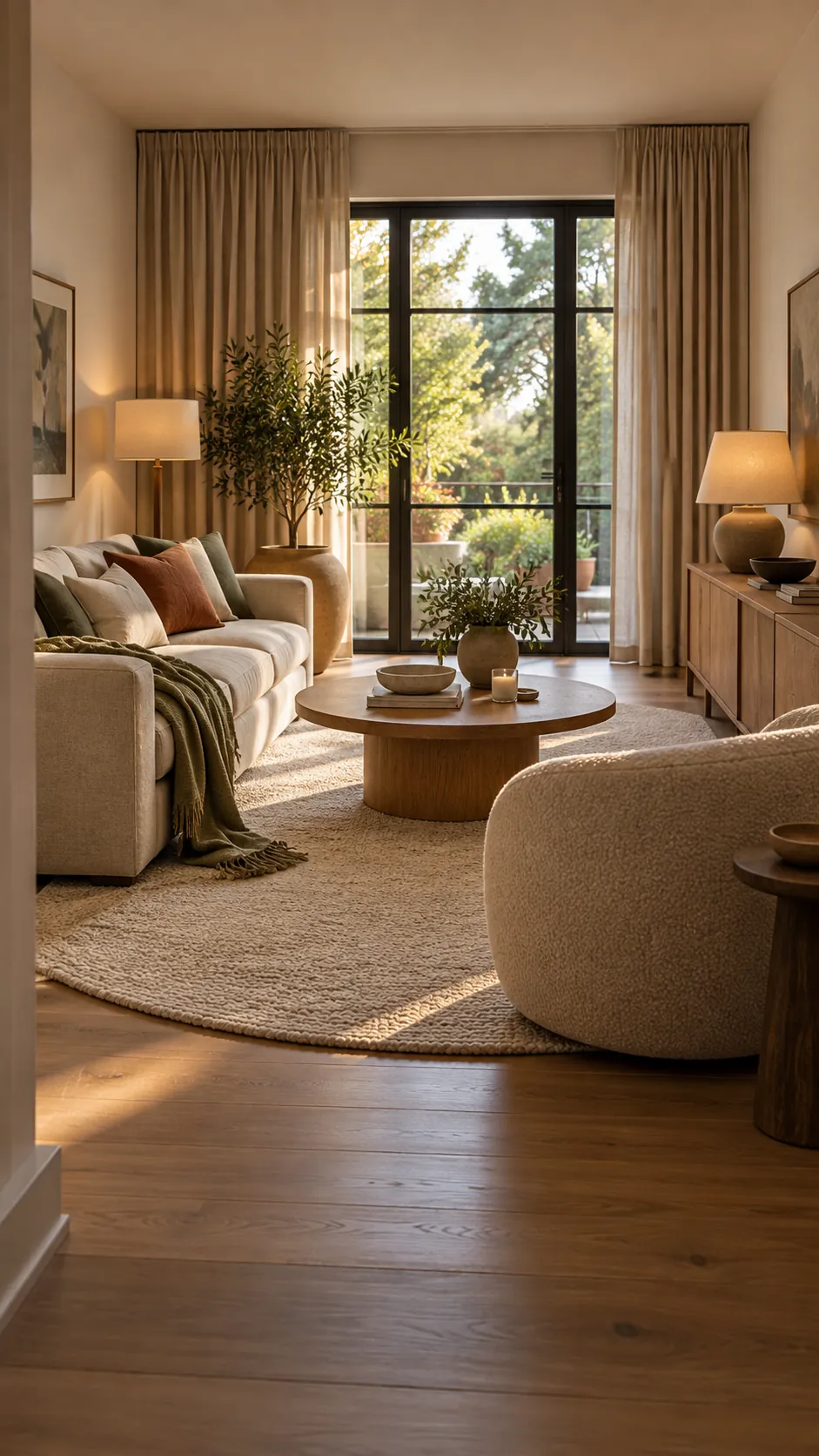 Soft modern living room with curved accents and boxy furniture