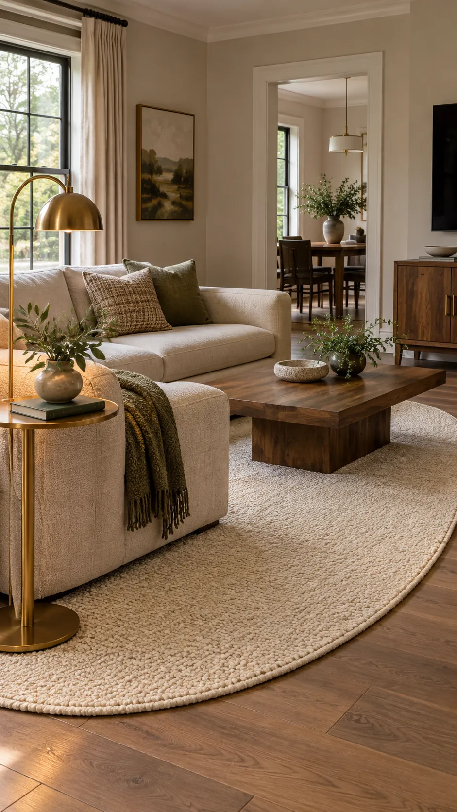 Use an Oval Area Rug in a soft modern living room with boxy furniture