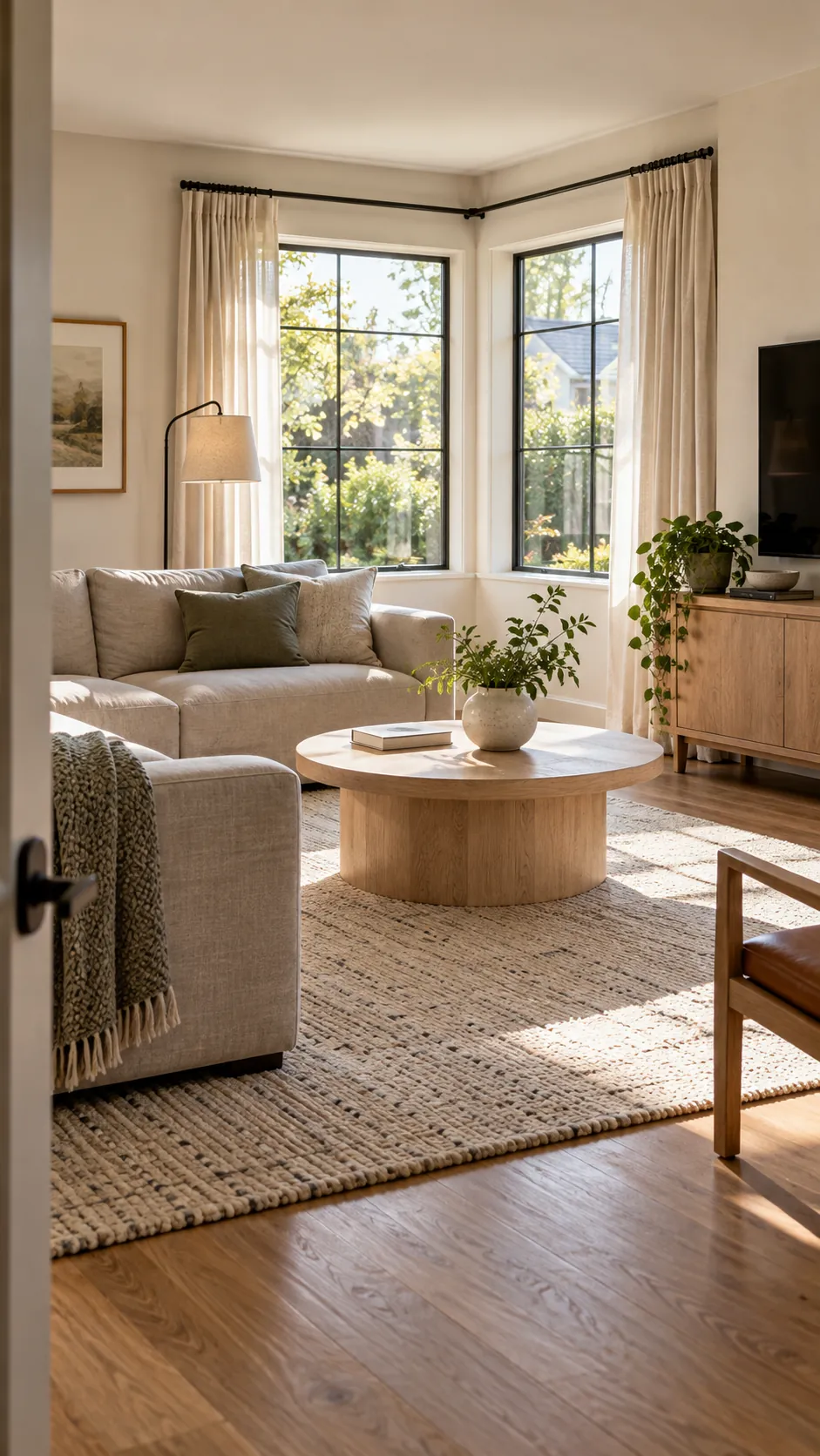 Add a Round Coffee Table in a soft modern living room with boxy furniture