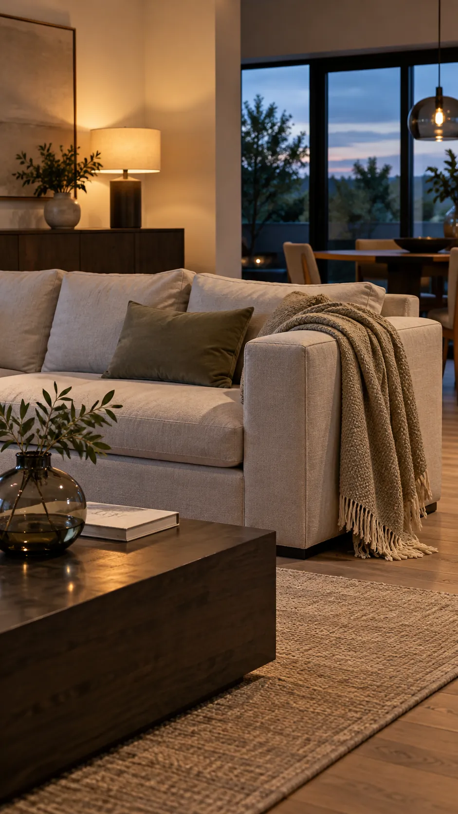 Layer a Throw Across a Hard Corner in a soft modern living room with boxy furniture