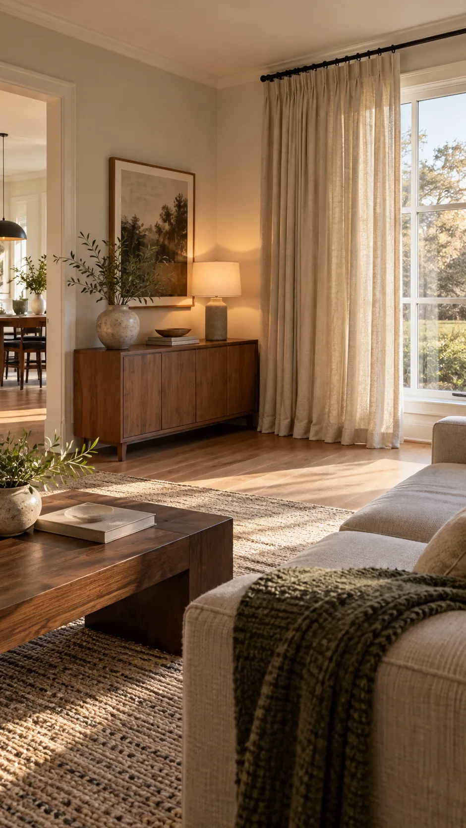 Choose Full Relaxed Curtains in a soft modern living room with boxy furniture