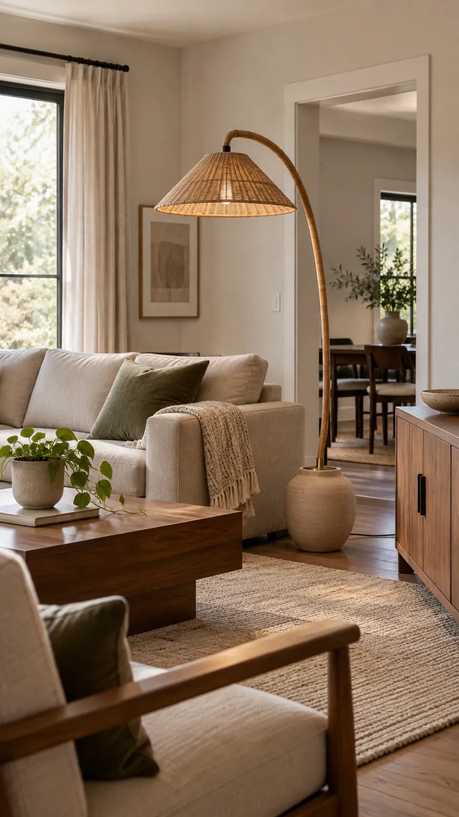 Add a Sculptural Floor Lamp in a soft modern living room with boxy furniture
