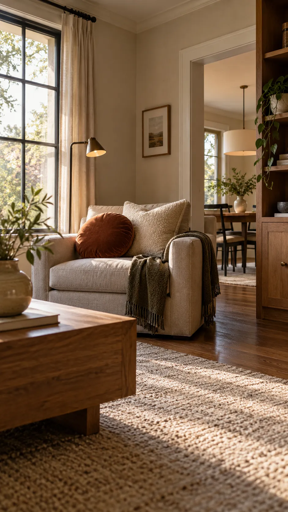 Mix Round and Square Pillows in a soft modern living room with boxy furniture