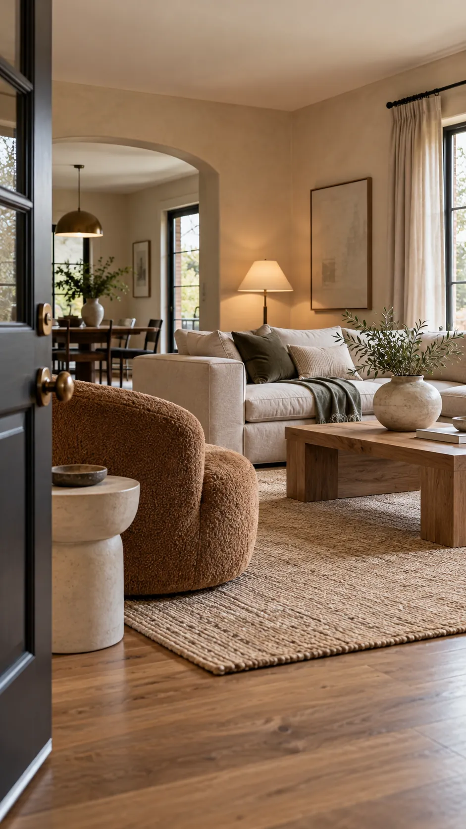 Style With Rounded Pottery in a soft modern living room with boxy furniture
