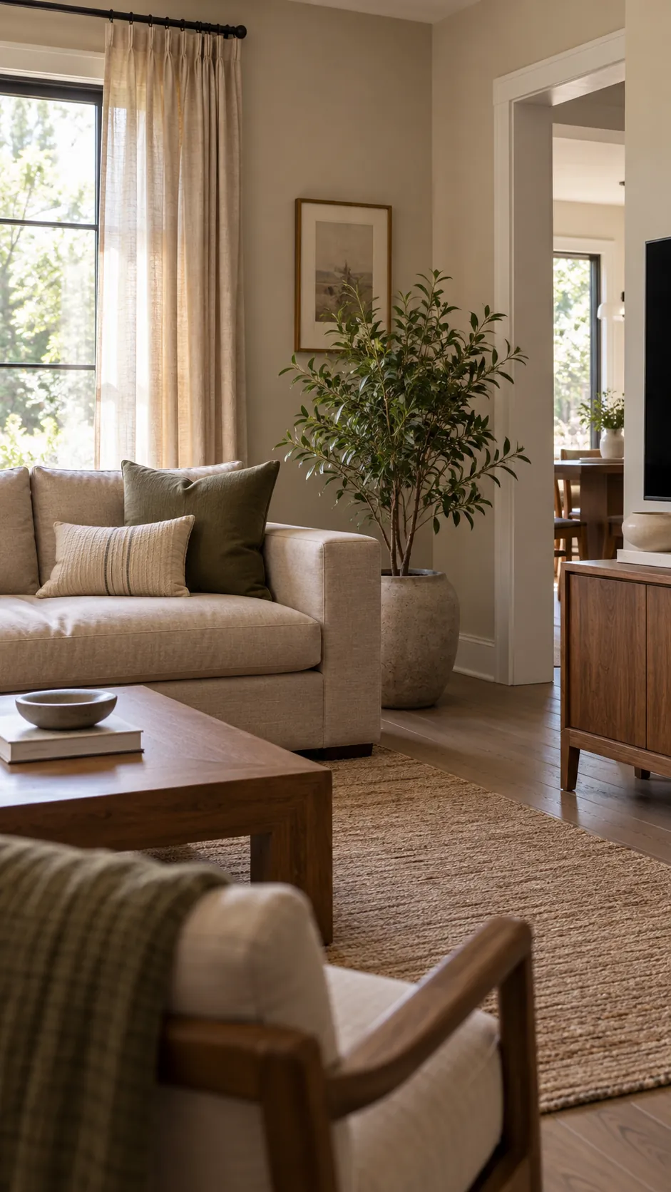 Place a Plant Beside the Sofa in a soft modern living room with boxy furniture
