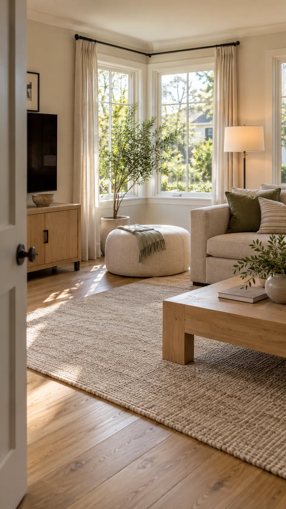 Try a Soft Edged Ottoman in a soft modern living room with boxy furniture