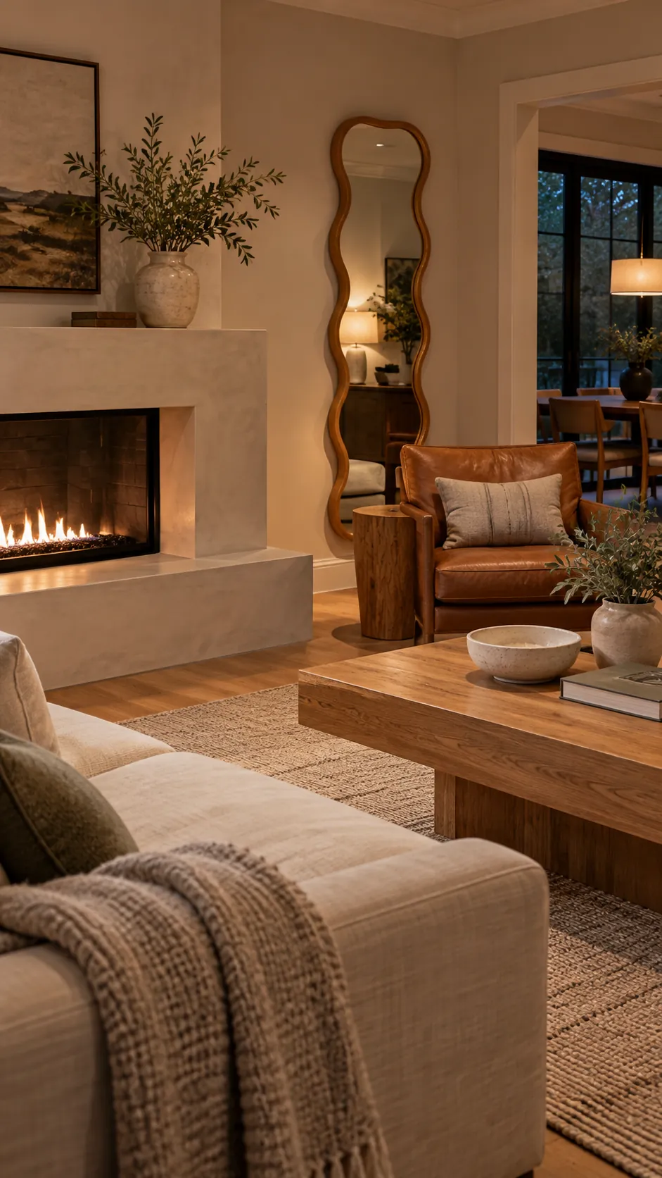 Introduce a Wavy Mirror in a soft modern living room with boxy furniture