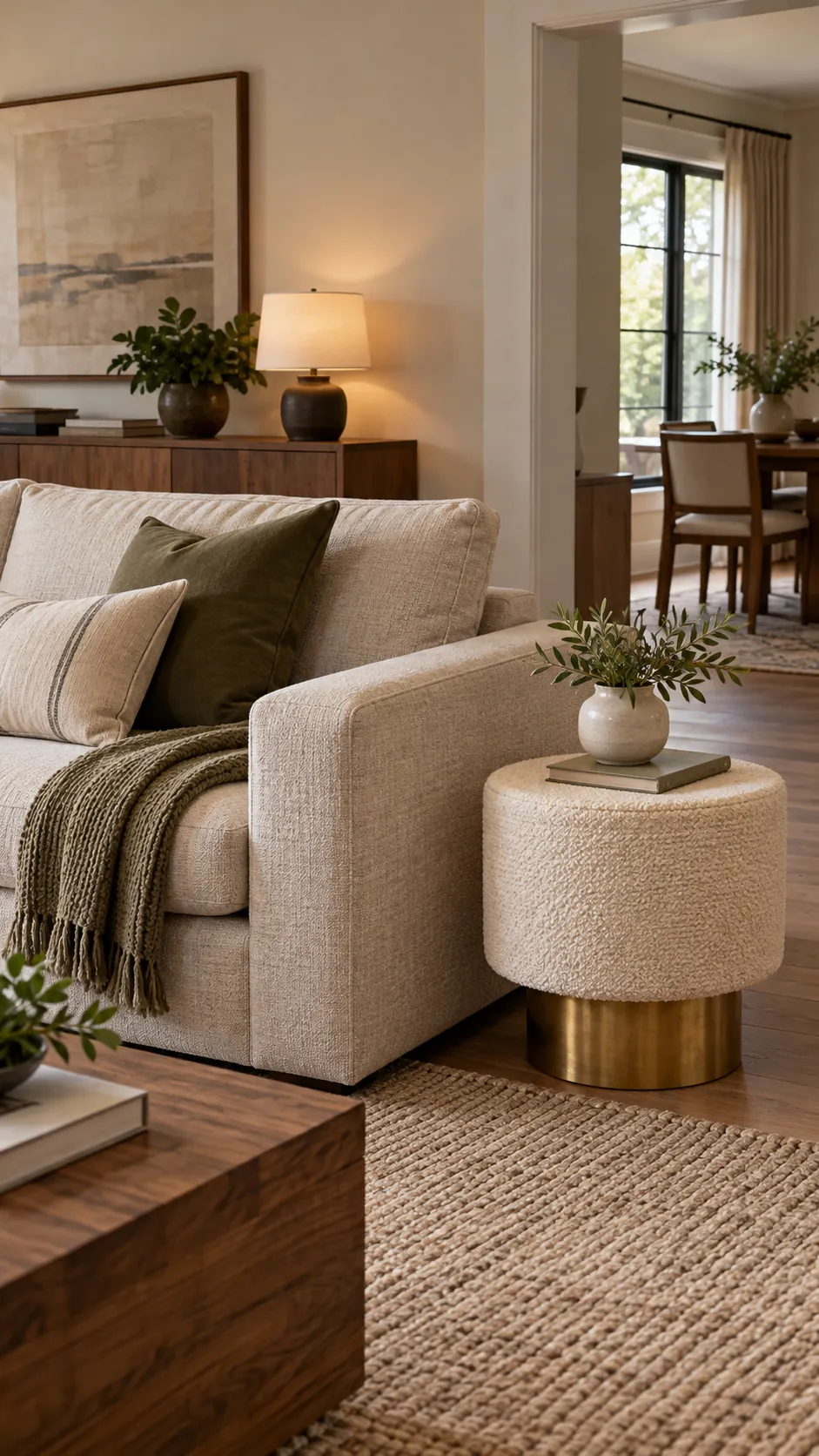 Use a Round Side Table in a soft modern living room with boxy furniture