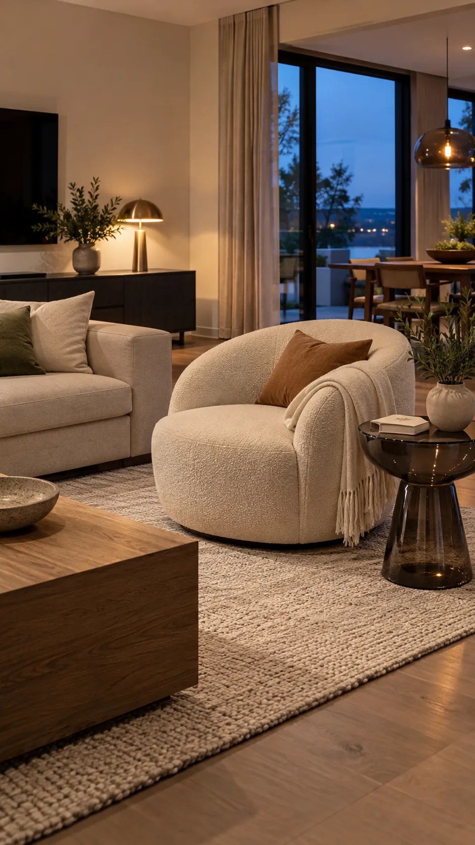 Create an Asymmetrical Layout in a soft modern living room with boxy furniture