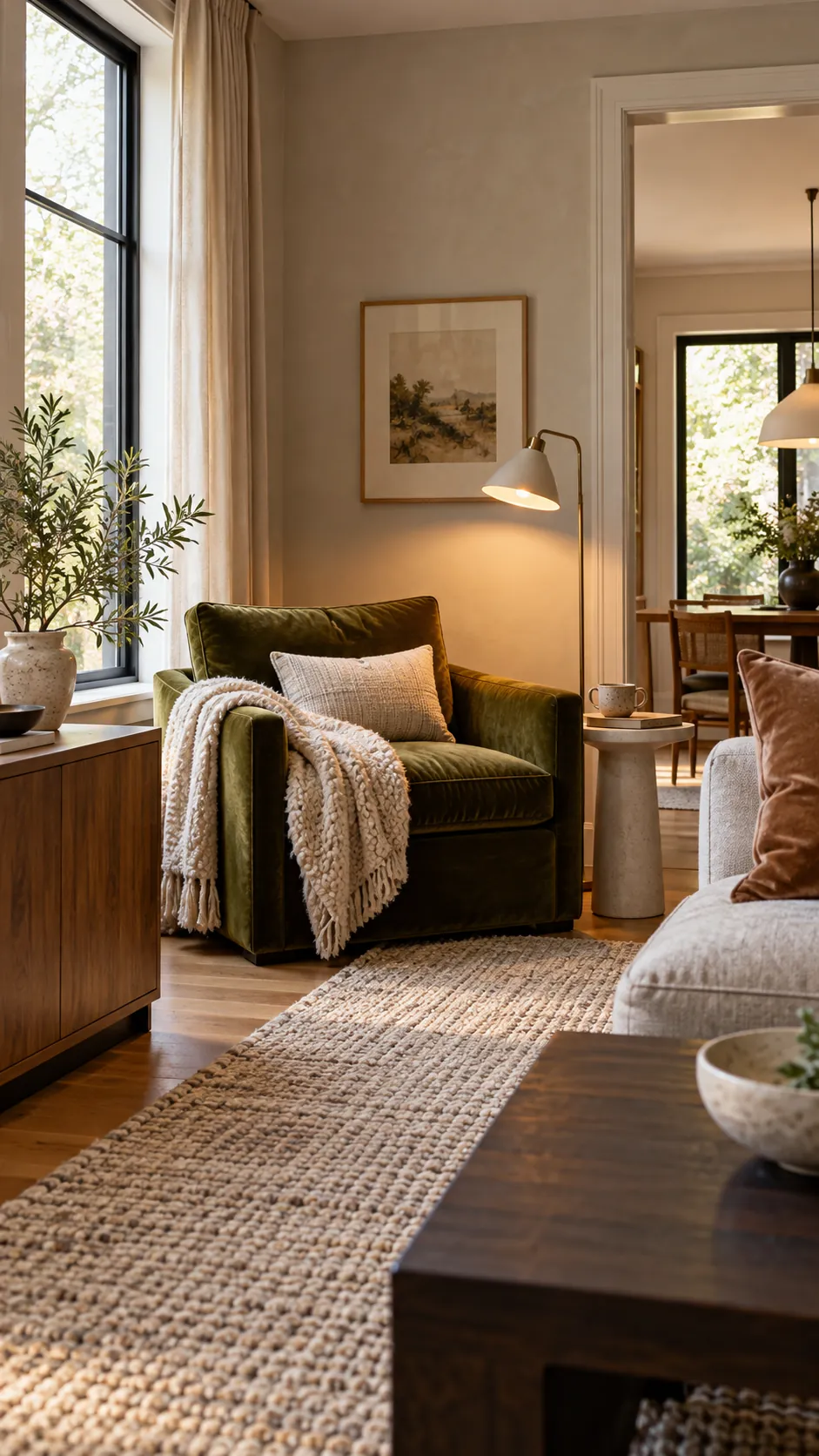 Warm the Room With Natural Texture in a soft modern living room with boxy furniture