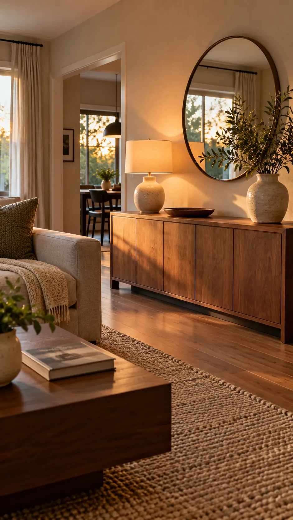 Finish With Pools of Evening Light in a soft modern living room with boxy furniture