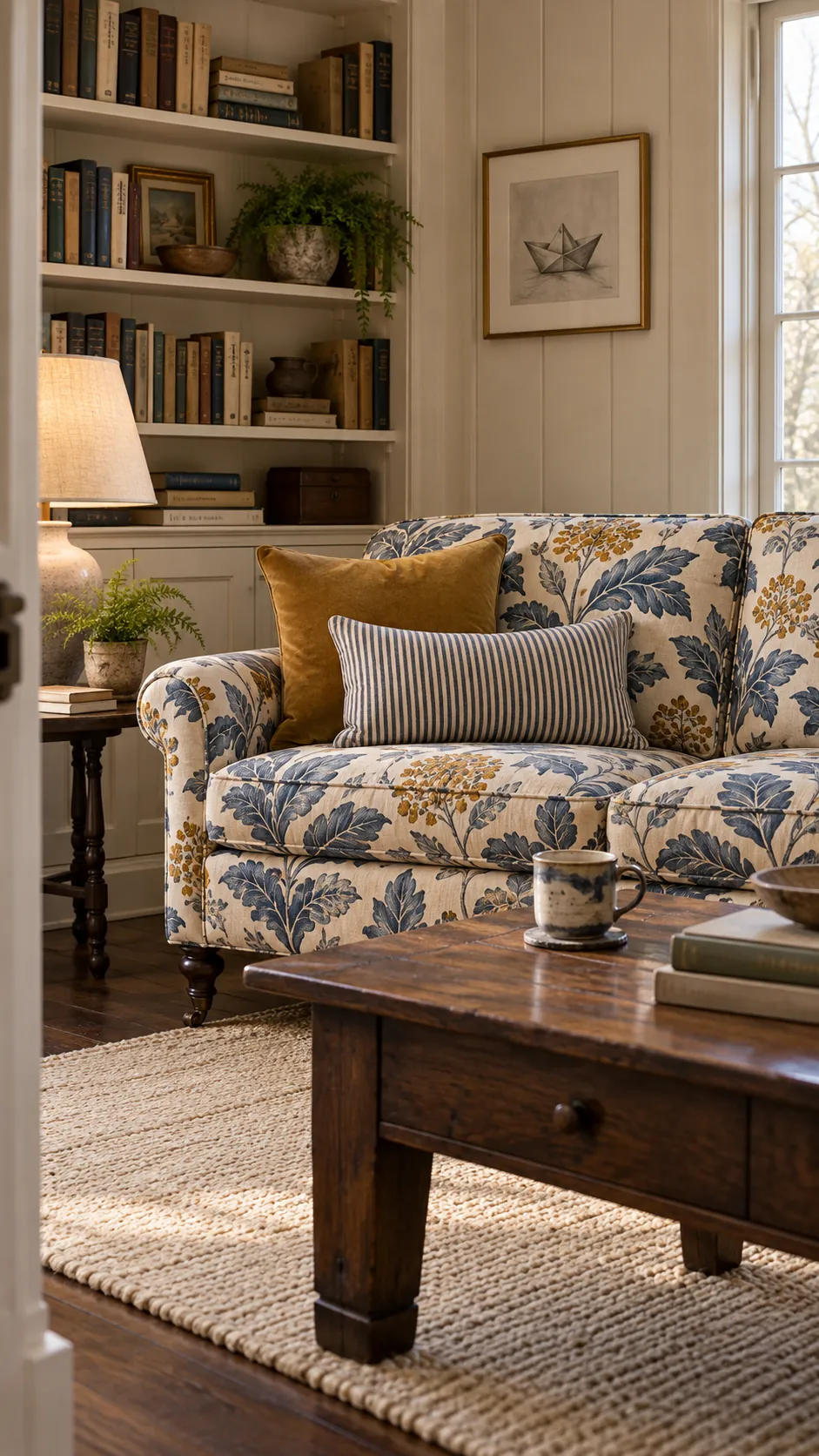 Narrow ticking stripe cushion on an oversized botanical patterned sofa