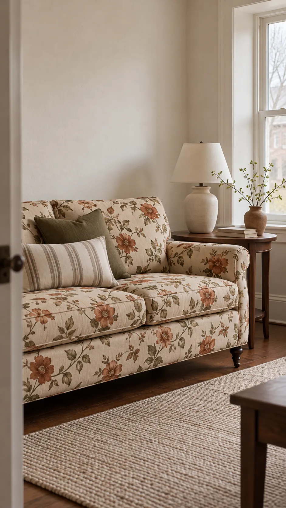 Cream and taupe striped pillow coordinated with a floral patterned sofa