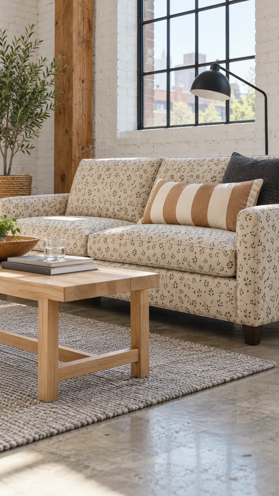 Wide striped lumbar pillow beside a small patterned sofa fabric