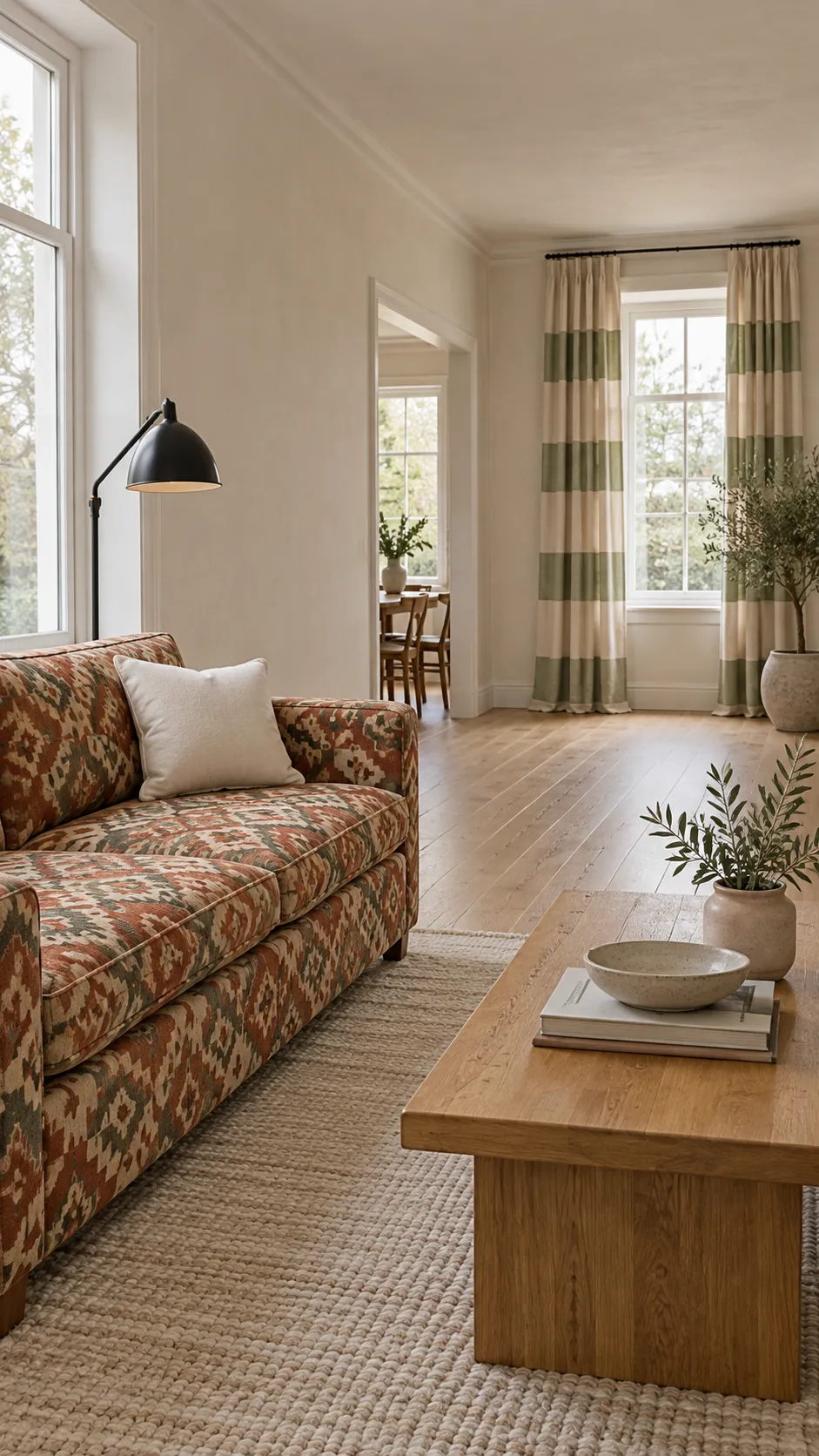 Soft striped curtains separated from a patterned sofa by neutral space