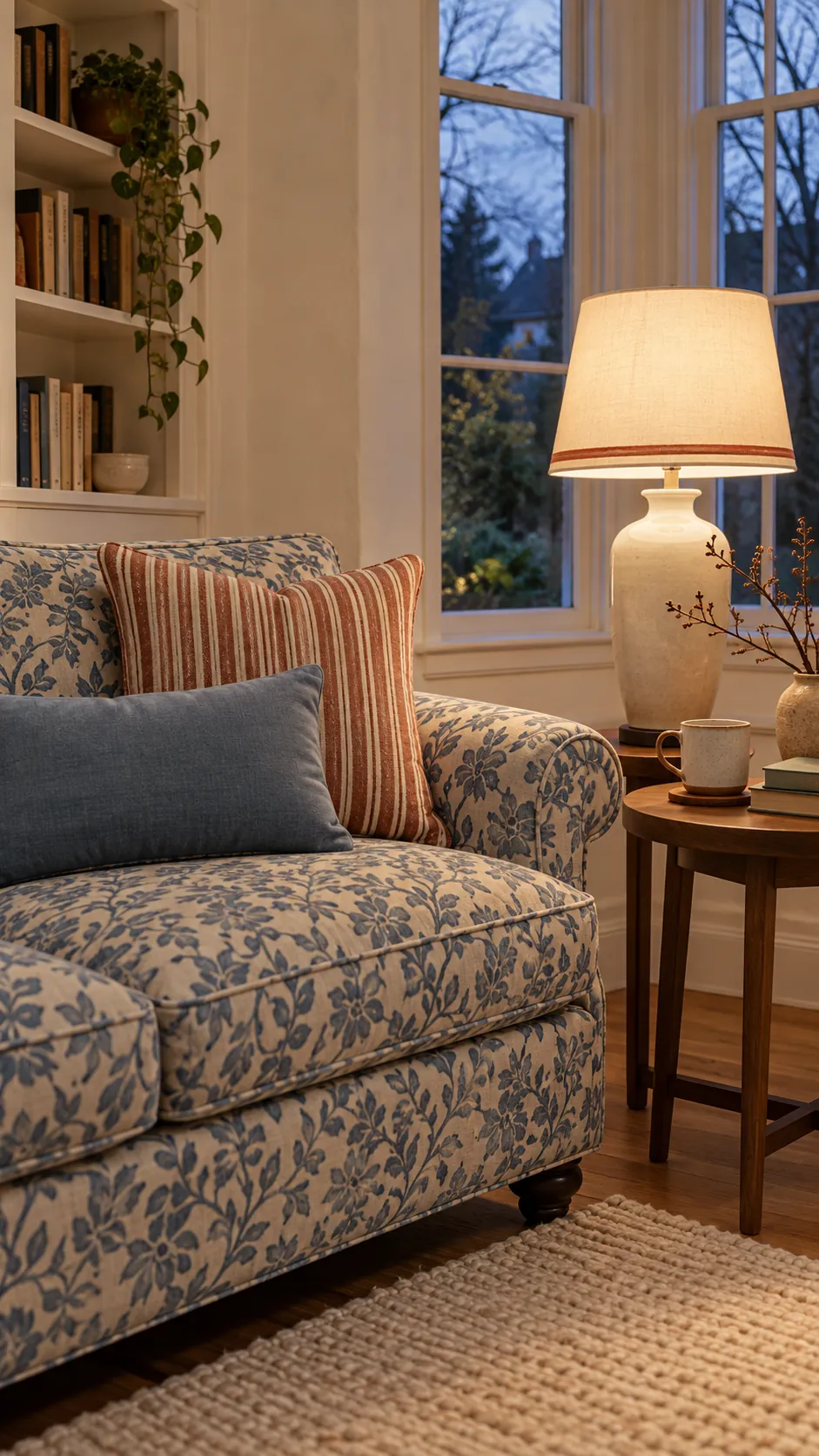 Striped cushion echoed by one small detail near a patterned sofa