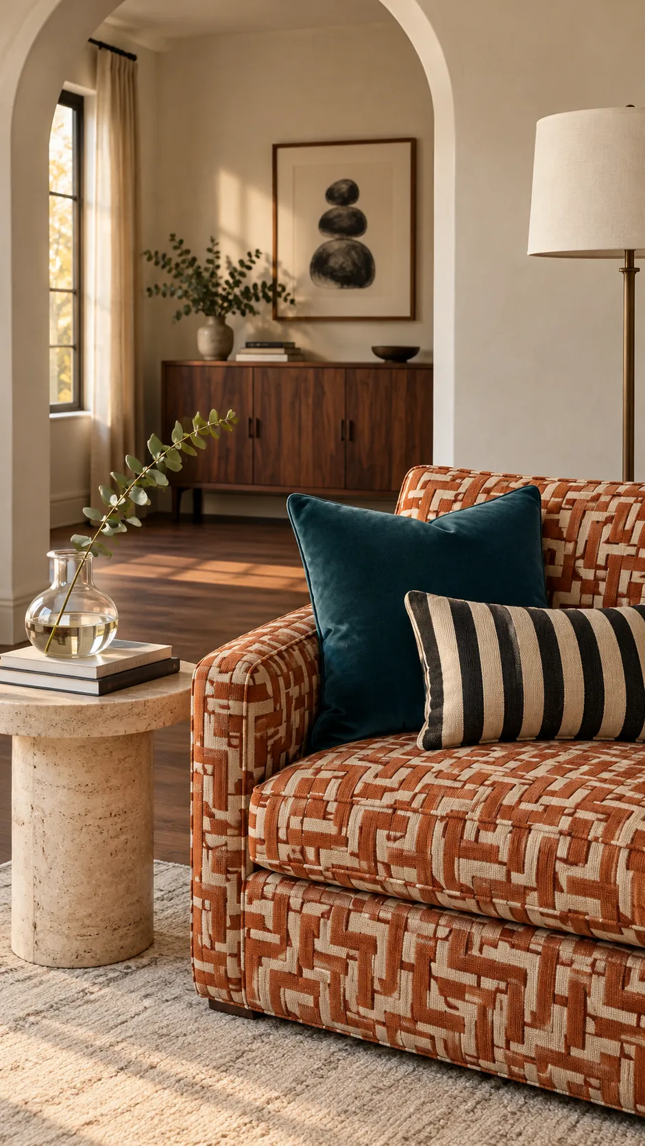 Solid velvet pillow buffering stripes from a patterned sofa