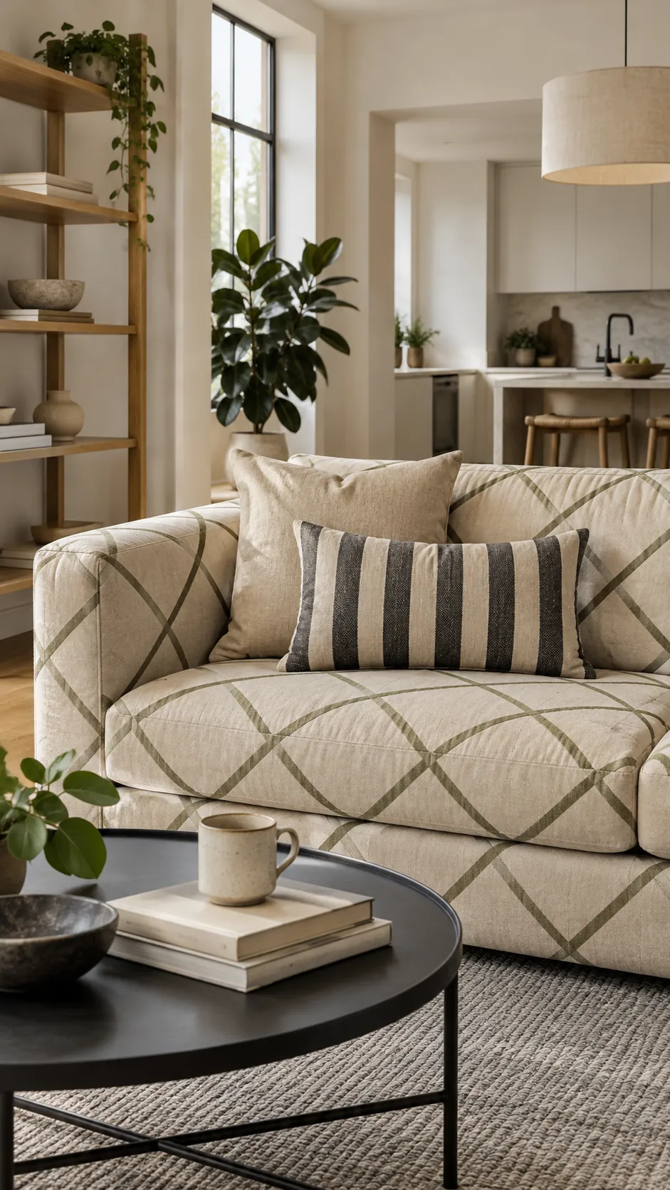 Vertical striped lumbar pillow beside a diagonal patterned sofa
