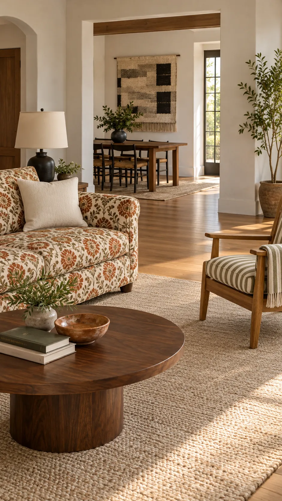 One restrained stripe family balancing a patterned living room sofa