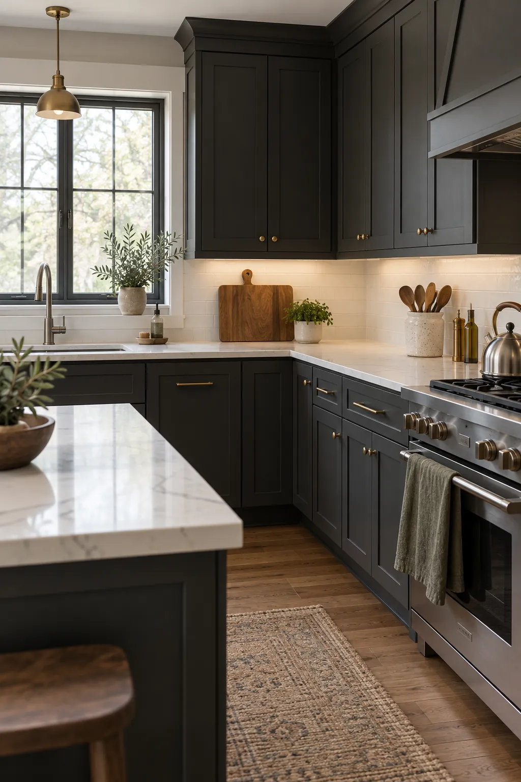Coordinated kitchen accessories with dark cabinets and white counters