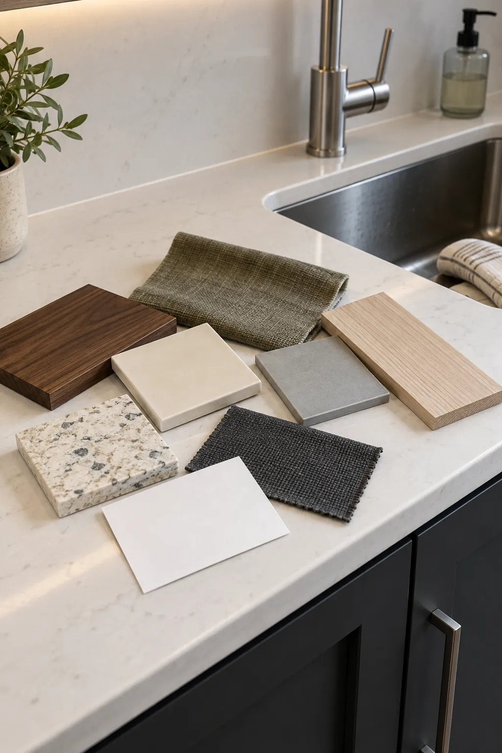 Kitchen accessory samples tested against dark cabinets and white counters