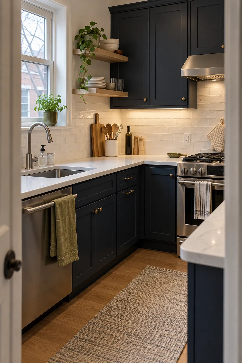 Olive kitchen accessories repeated across sink range and window zones