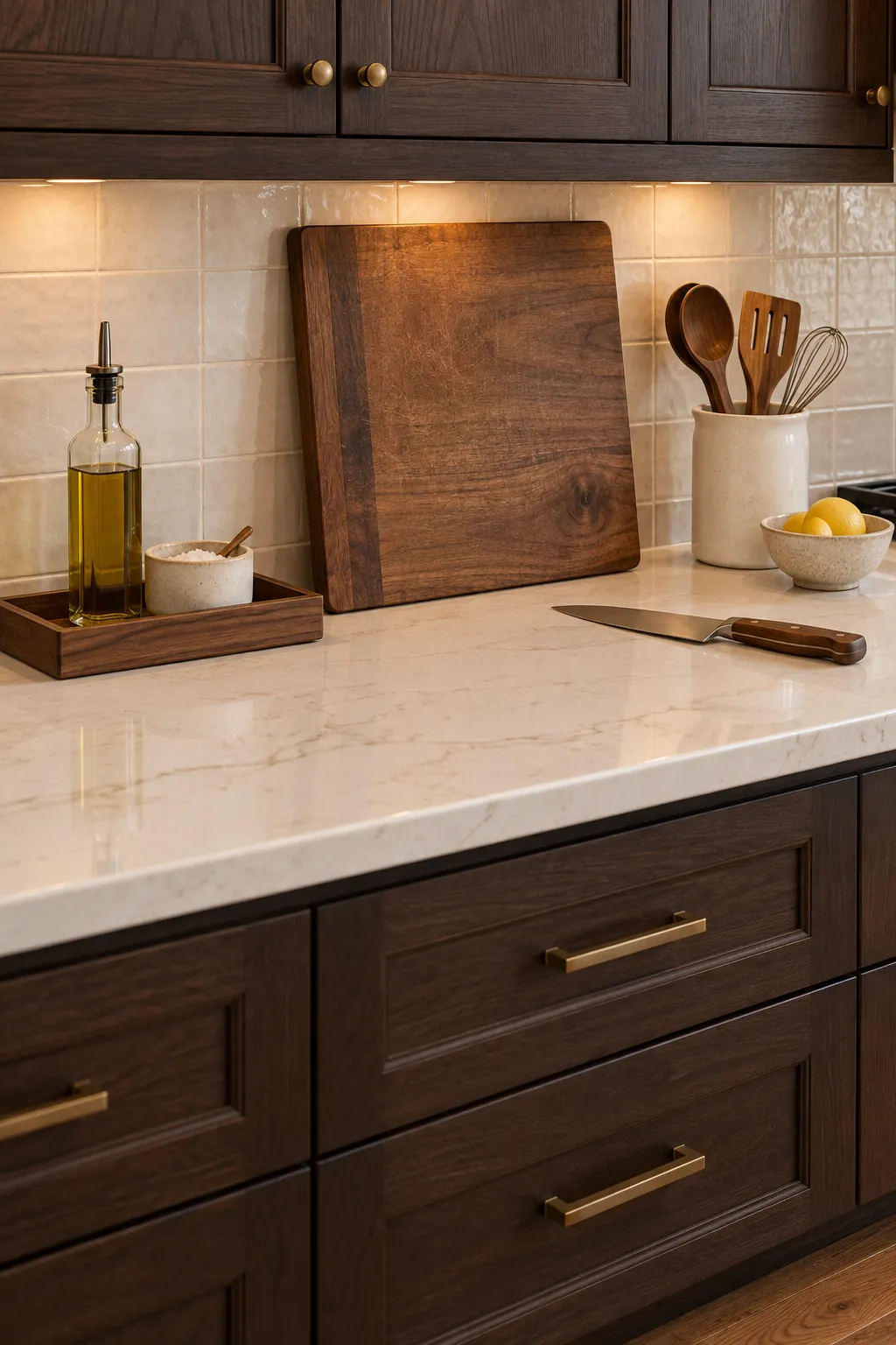 Walnut accessories bridging dark cabinets and white kitchen counters