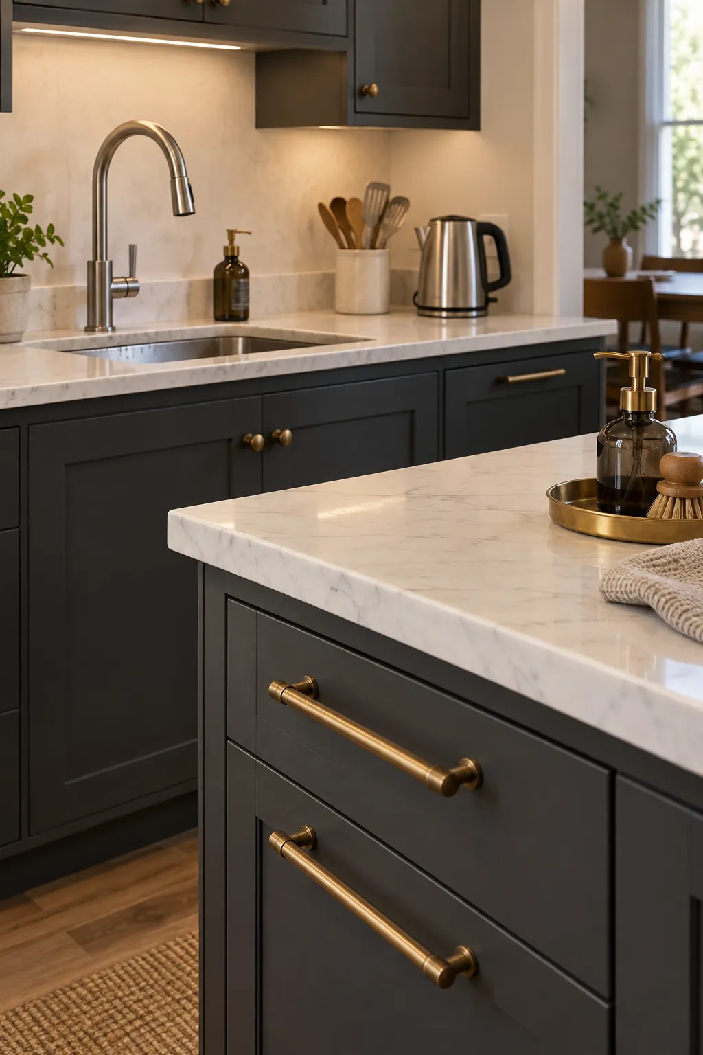 Brushed steel and aged brass accessories coordinated in a dark kitchen