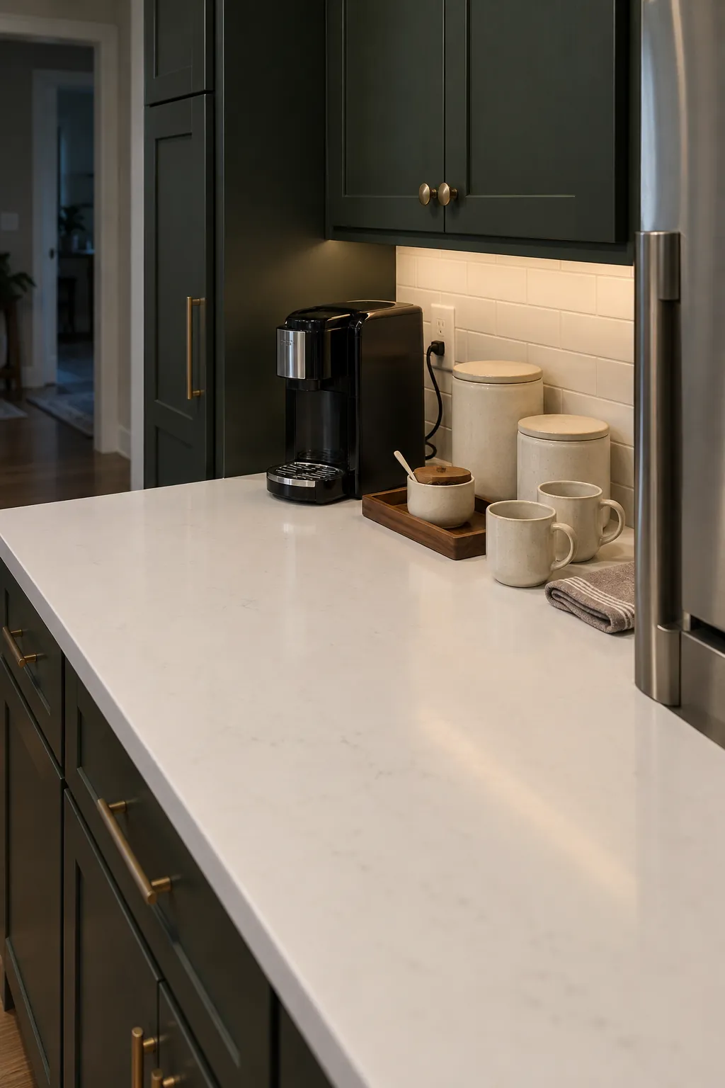 Edited coffee station on a white counter with dark kitchen cabinets