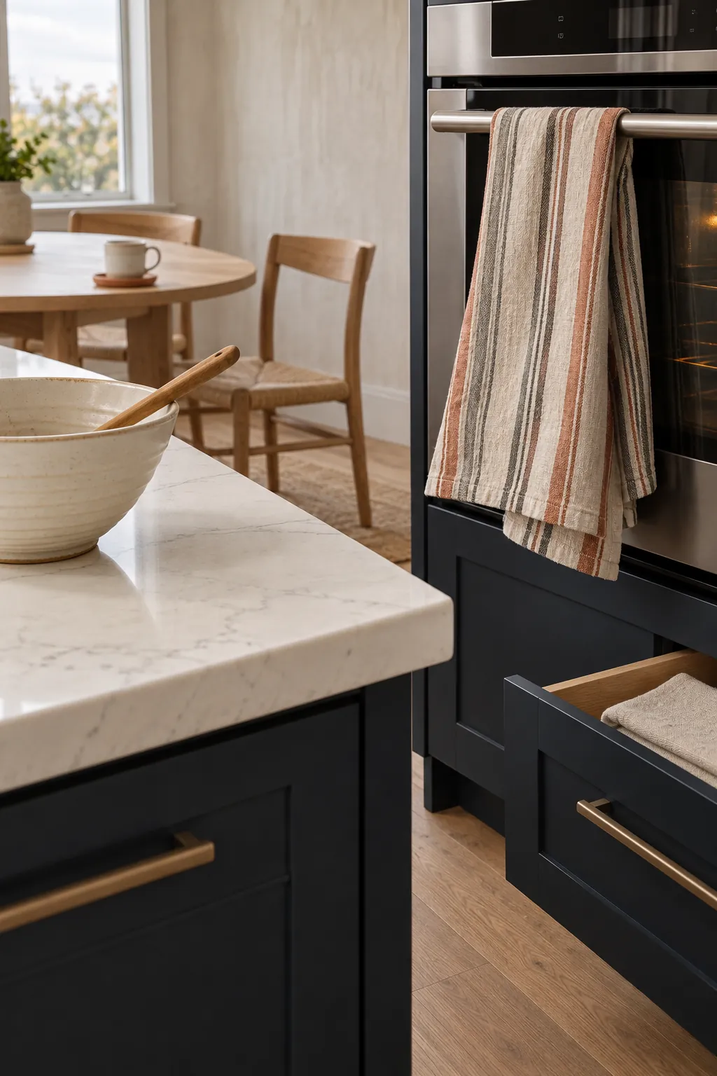 Striped linen kitchen towels coordinating dark cabinets and white counters