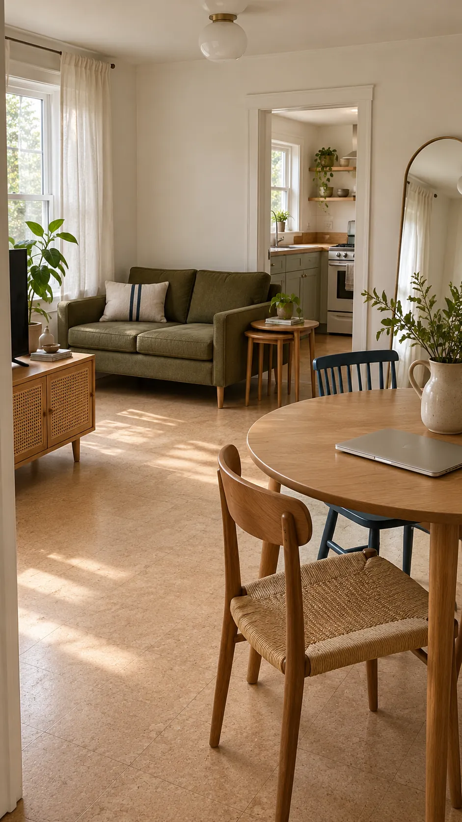 Compact furniture with open legs in a small living and dining area
