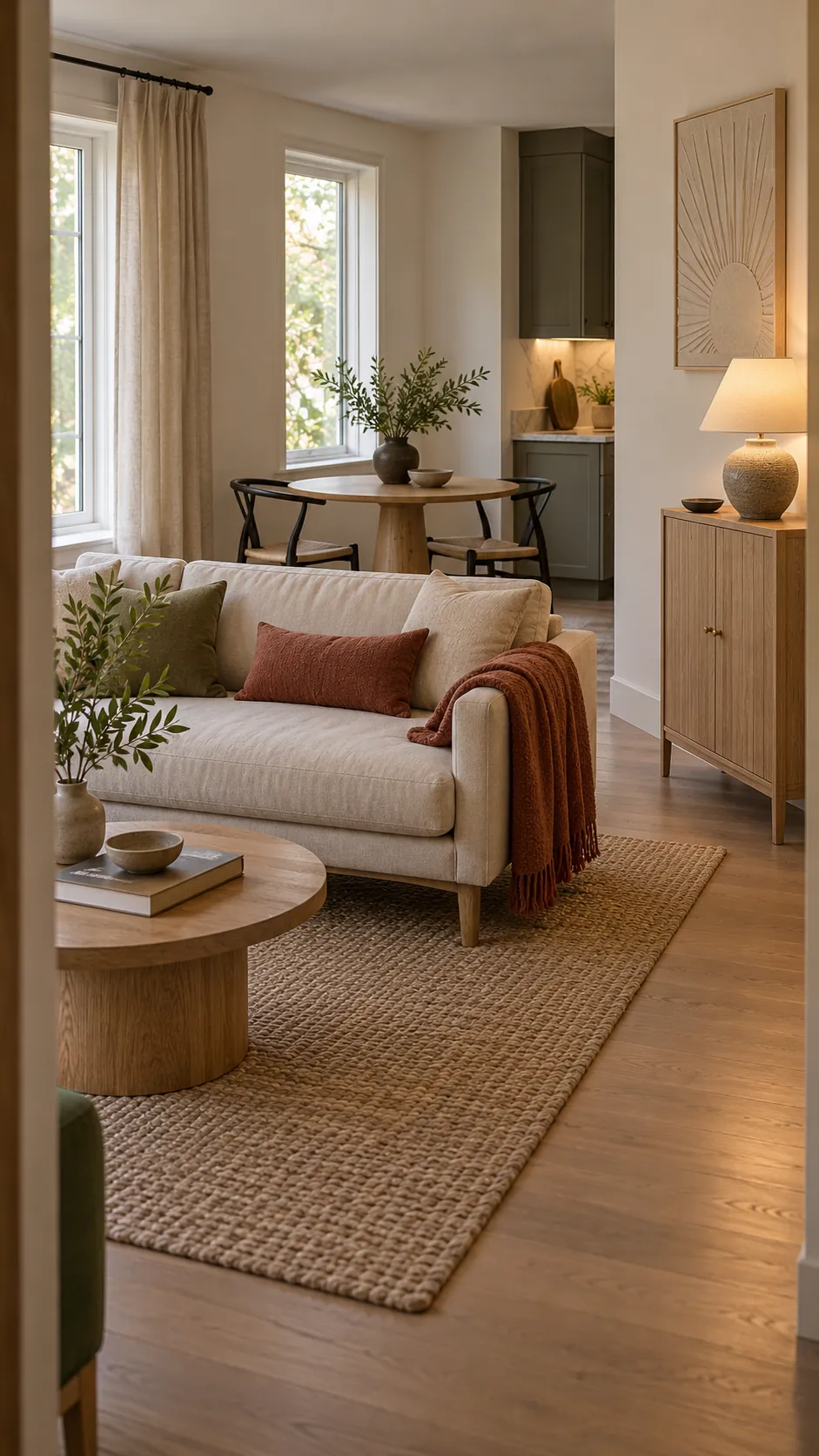 Warm and practical decor in a small open plan home