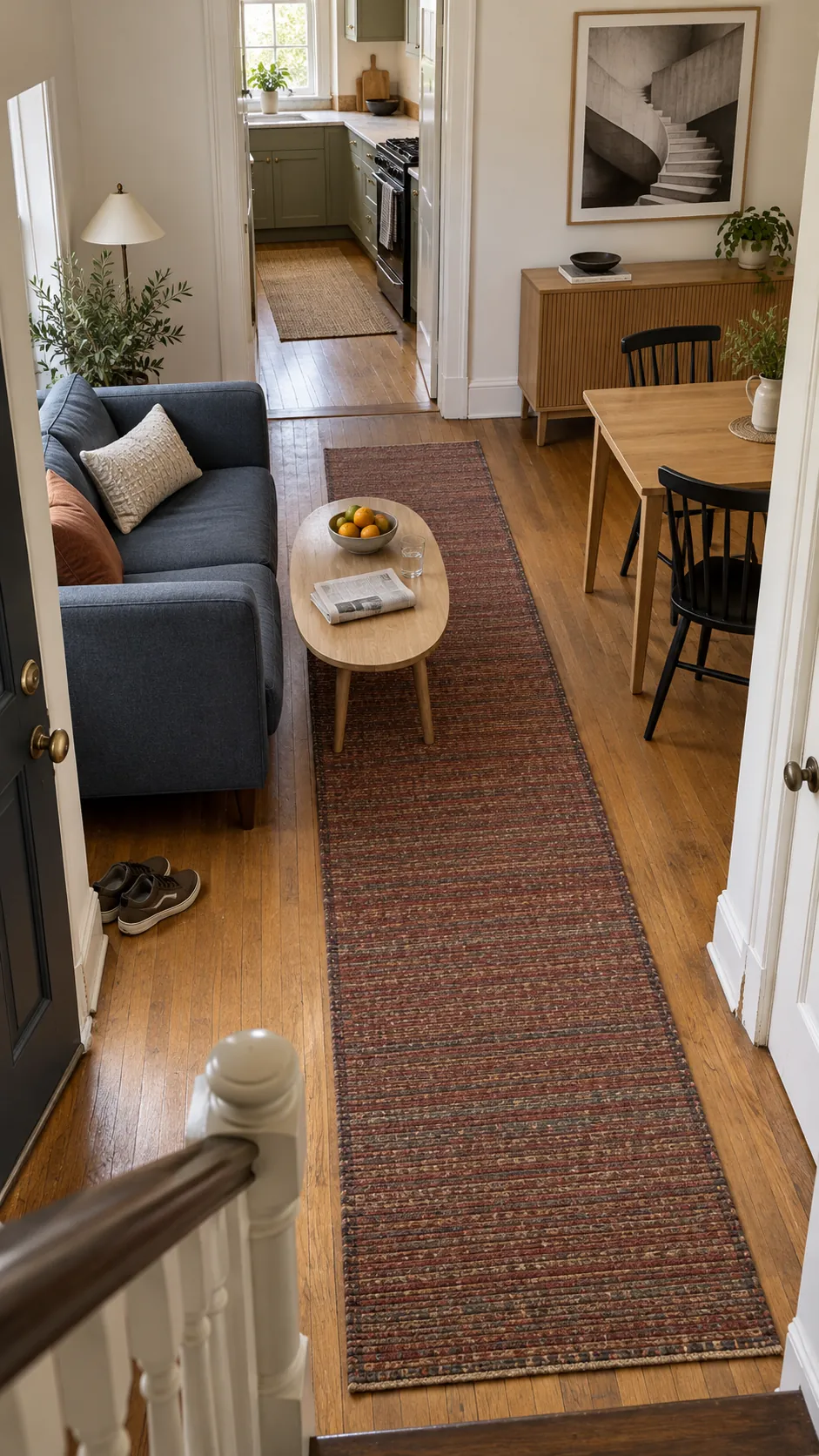 Small open plan home with a clear walking path around furniture