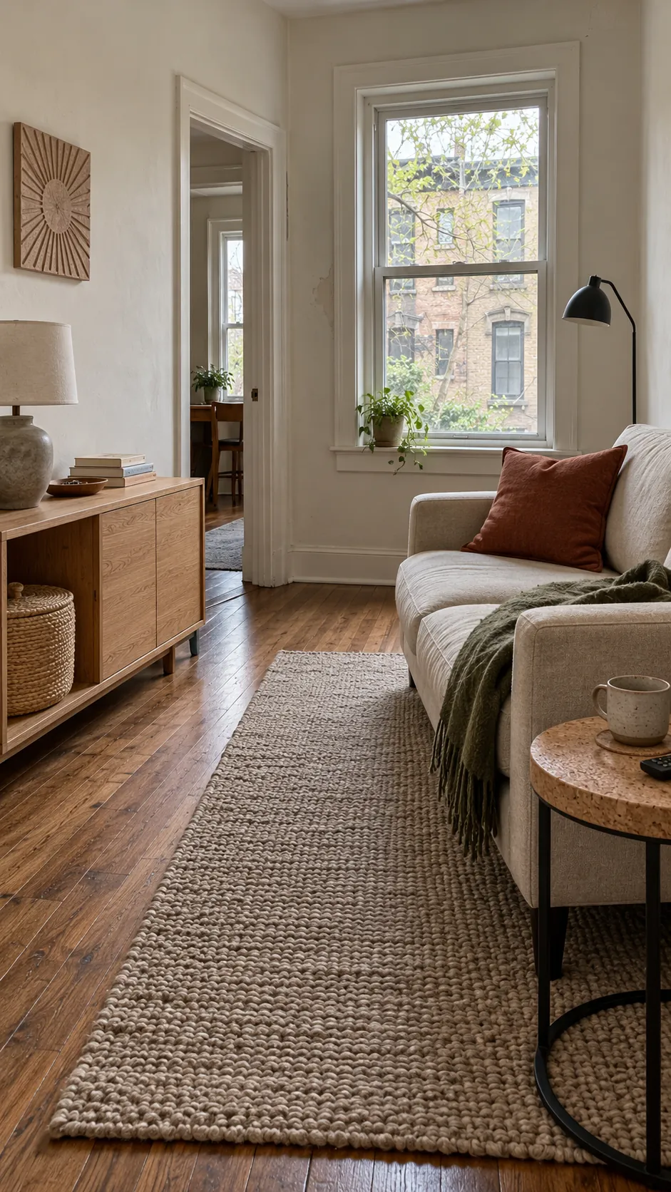 Calm small living room with edited decor and concealed storage