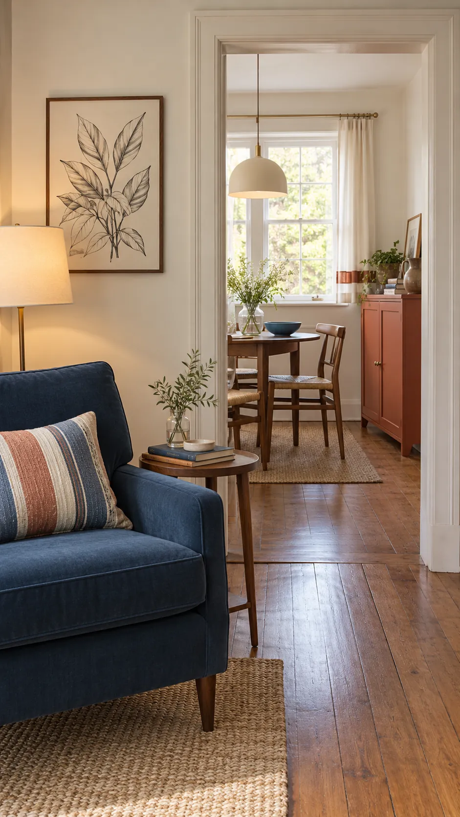 Small home interior with a connected warm neutral and blue color palette