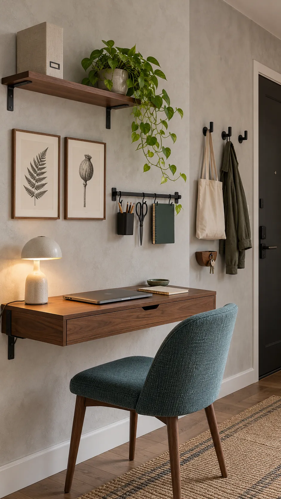 Vertical wall storage and botanical prints above a compact desk