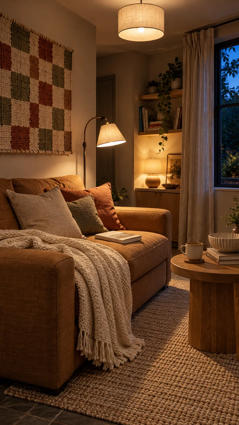 Cozy small living room with layered lamps and natural textures
