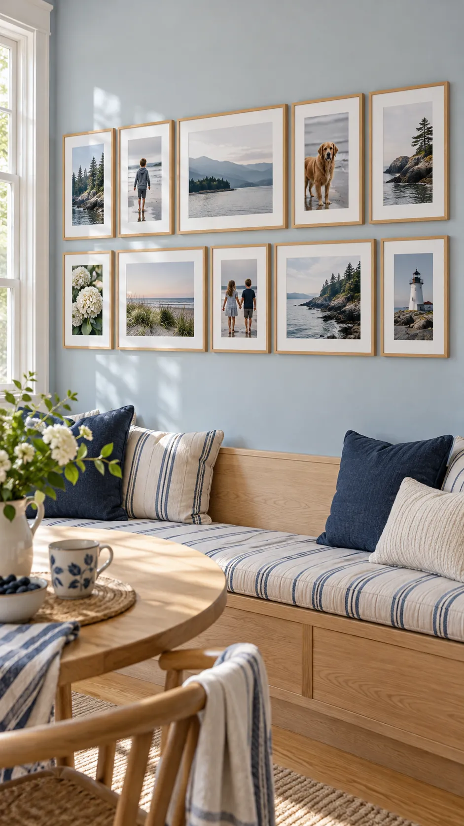 Two row gallery wall grid mixing landscape and portrait family photos