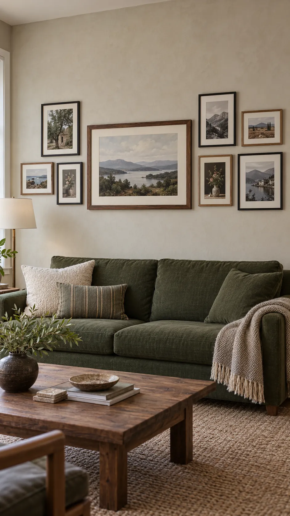 Mixed orientation gallery wall with a centered landscape anchor