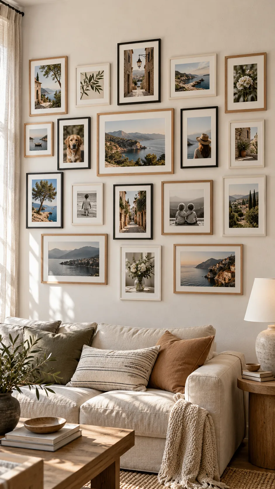 Gallery wall with a balanced mix of landscape and portrait family photos