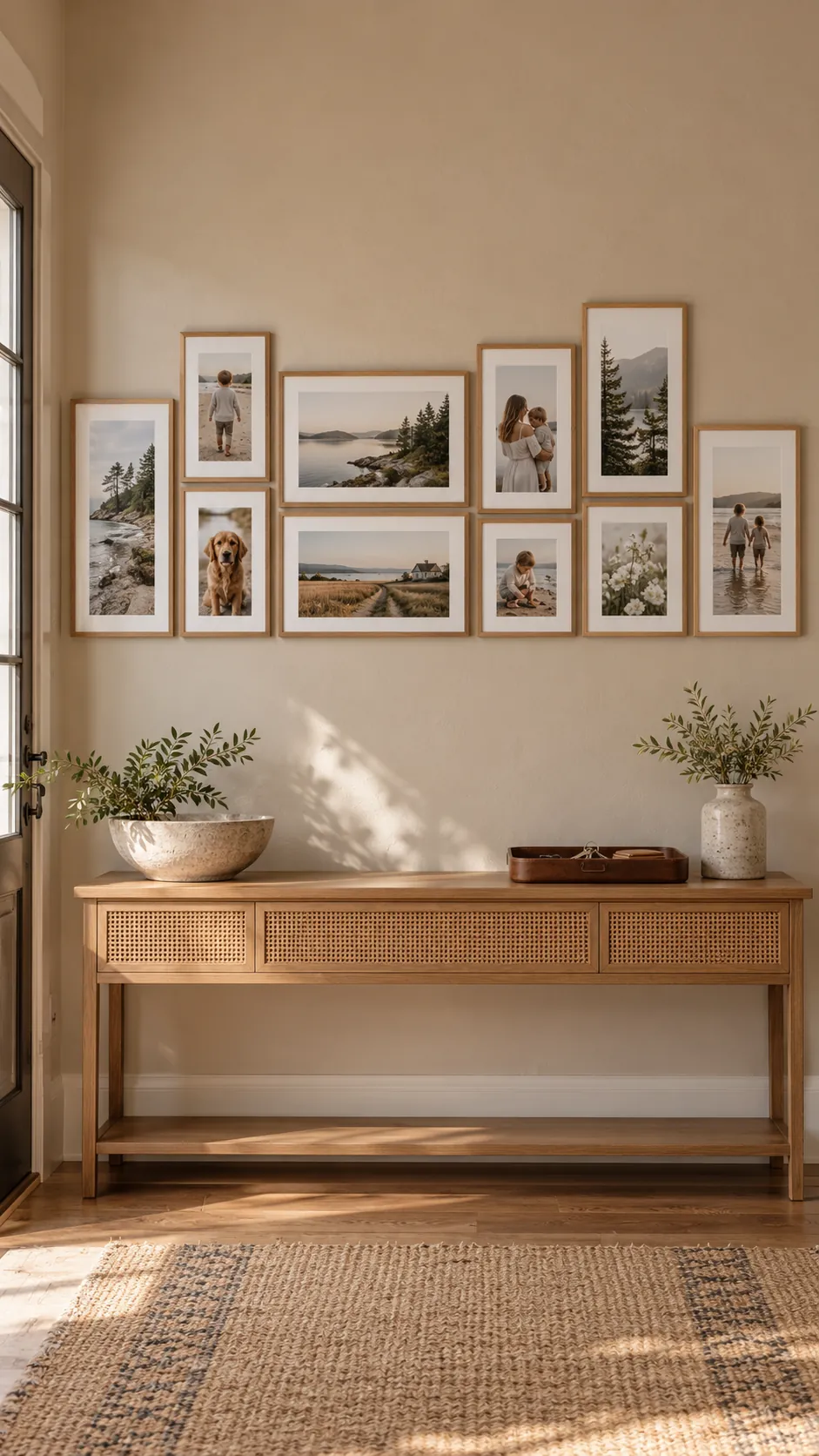 Gallery wall with portrait and landscape frames aligned along one bottom line