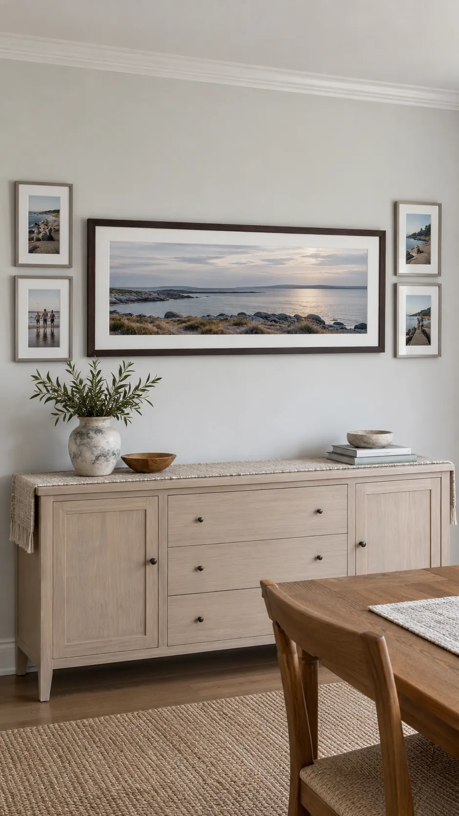 Wide landscape photo bracketed by portrait family pictures