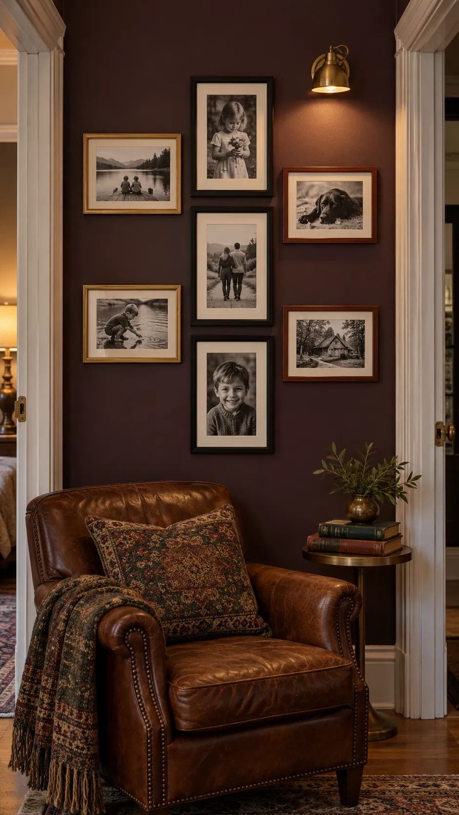 Tall photo wall with a portrait frame spine and landscape side branches