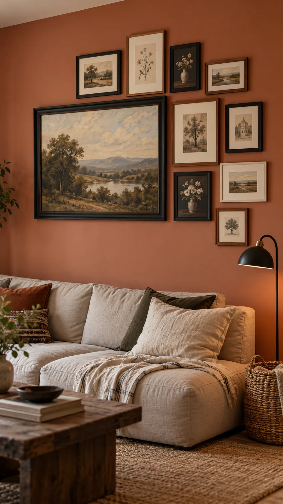 Asymmetrical corner cluster of mixed size picture frames