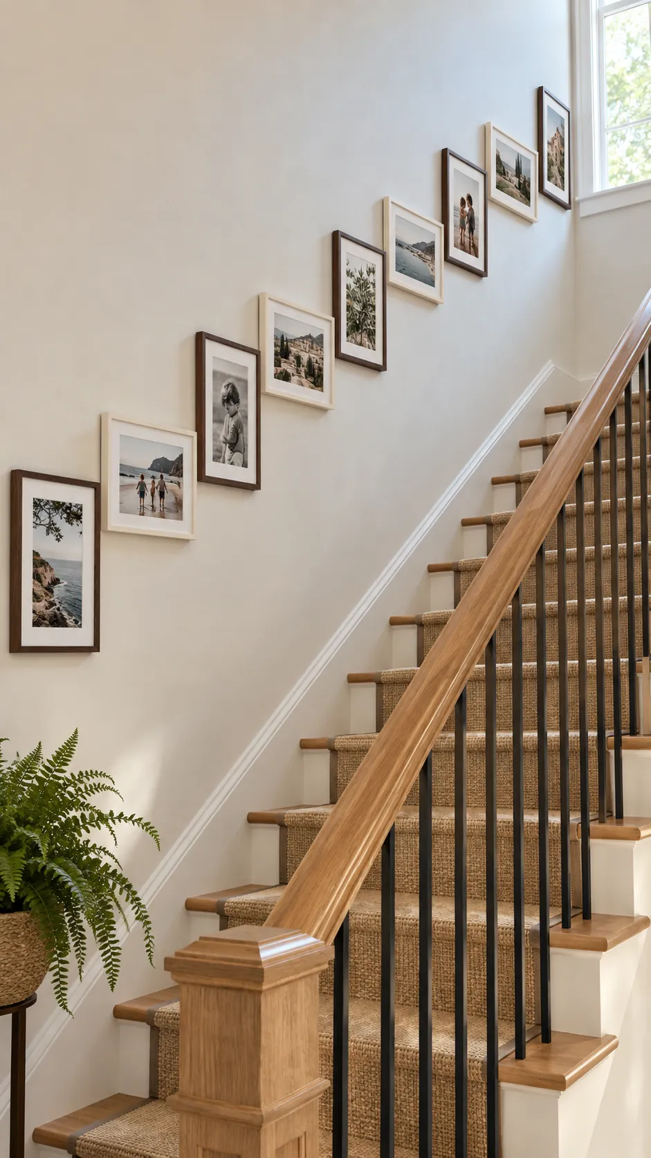 Staggered gallery wall layout with mixed photo orientations