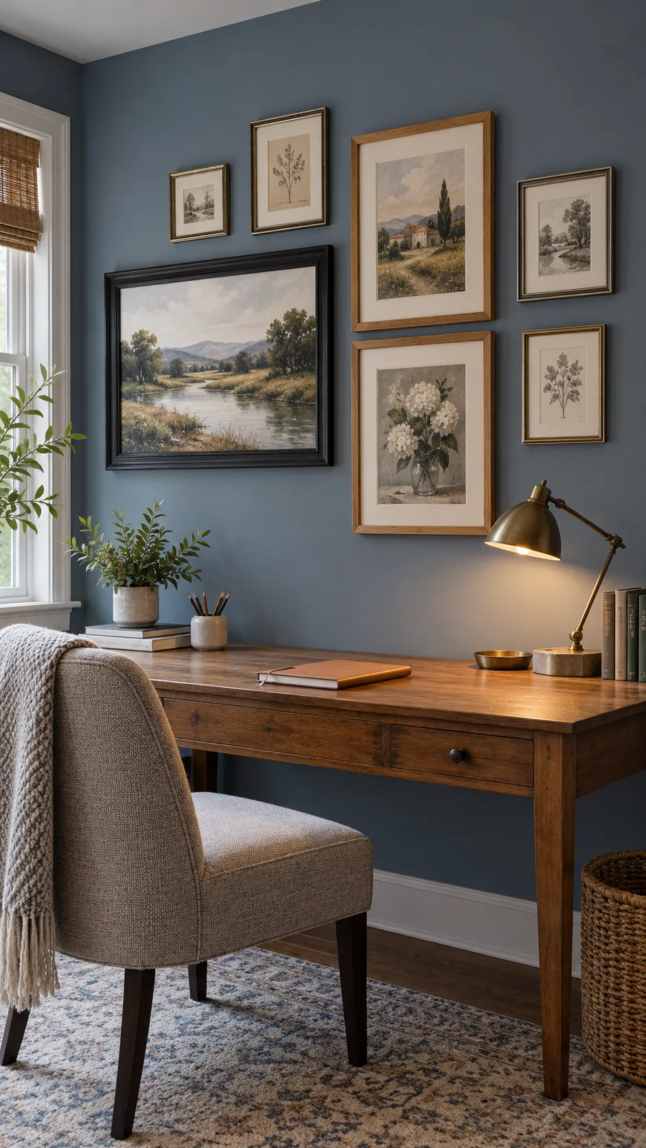 Balanced gallery wall using unmatched landscape and portrait frames