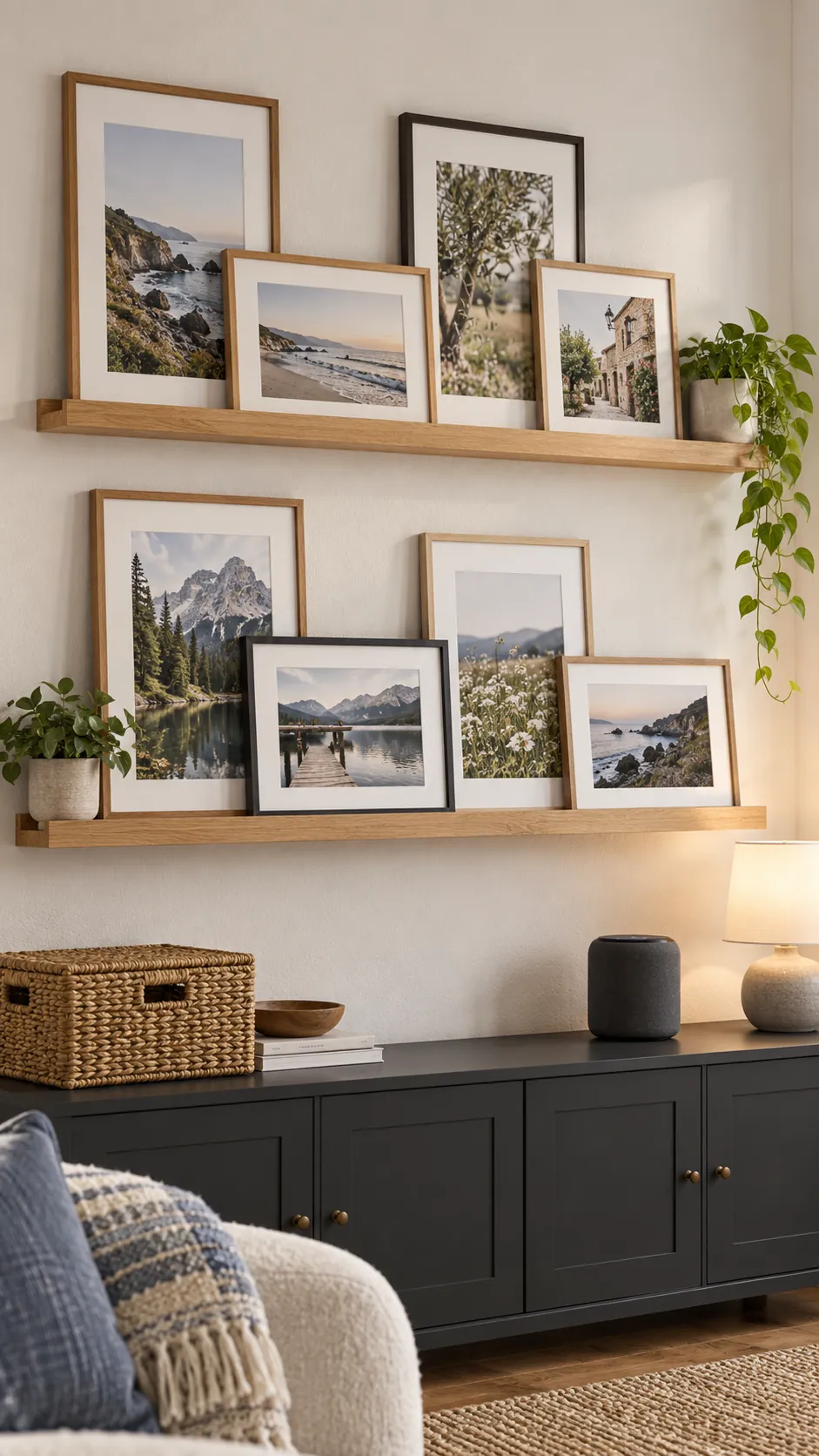 Layered family photos on a picture ledge with mixed frame orientations
